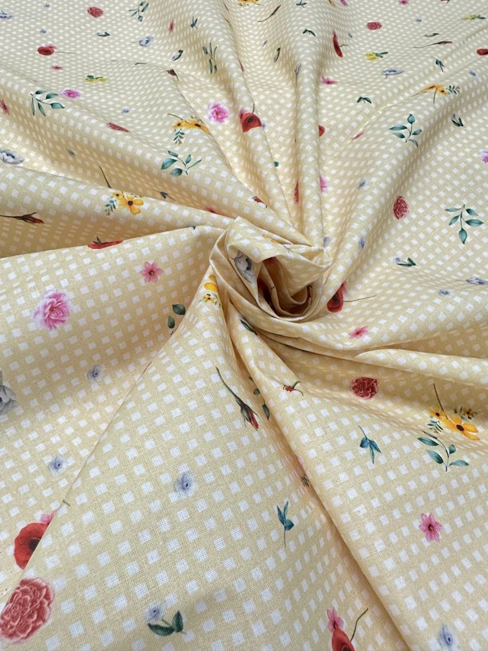 Cotone Fiorellino Quadrettato Giallino - WorldTessuti