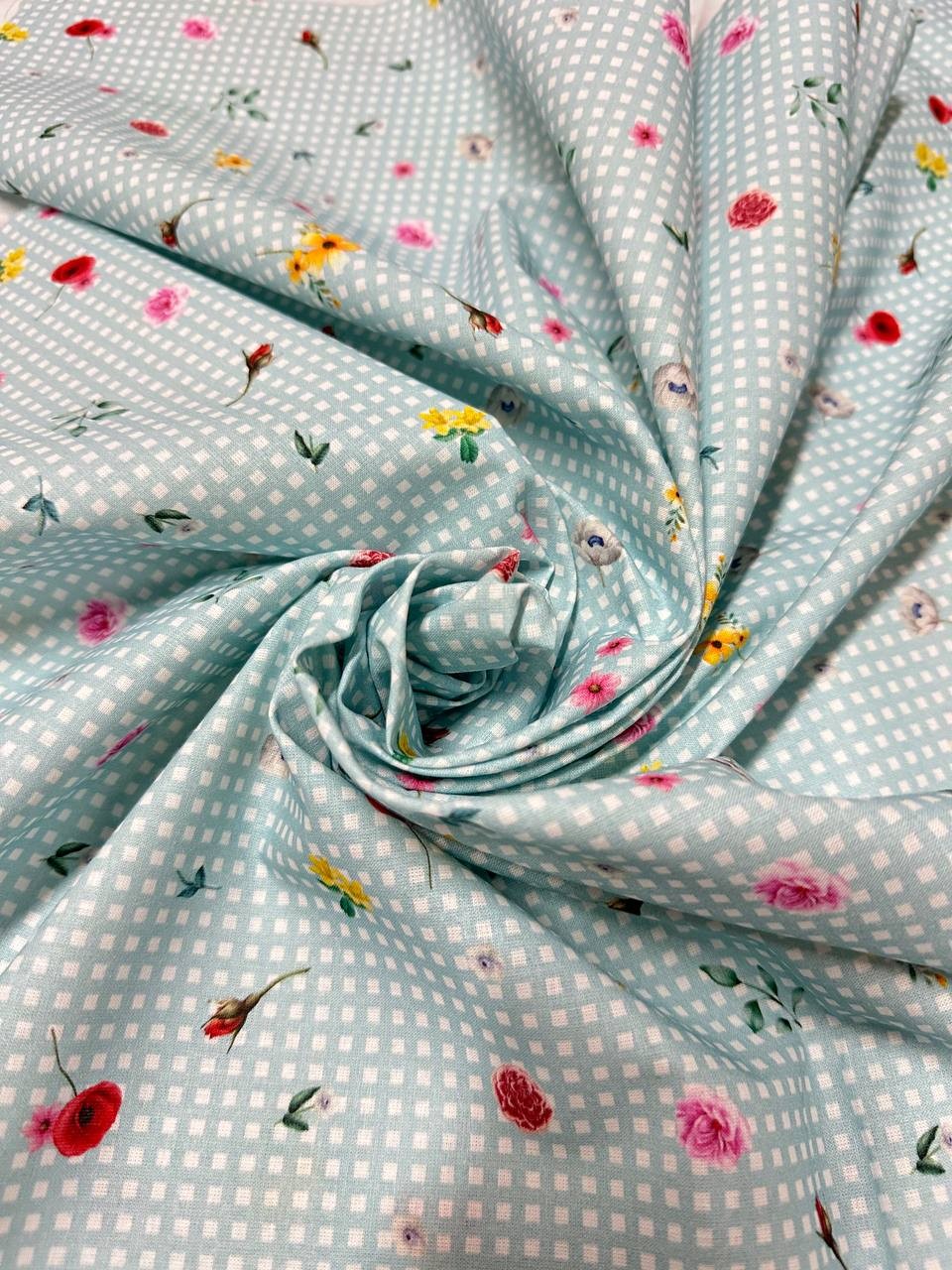 Cotone Fiorellino Quadrettato Celeste - WorldTessuti