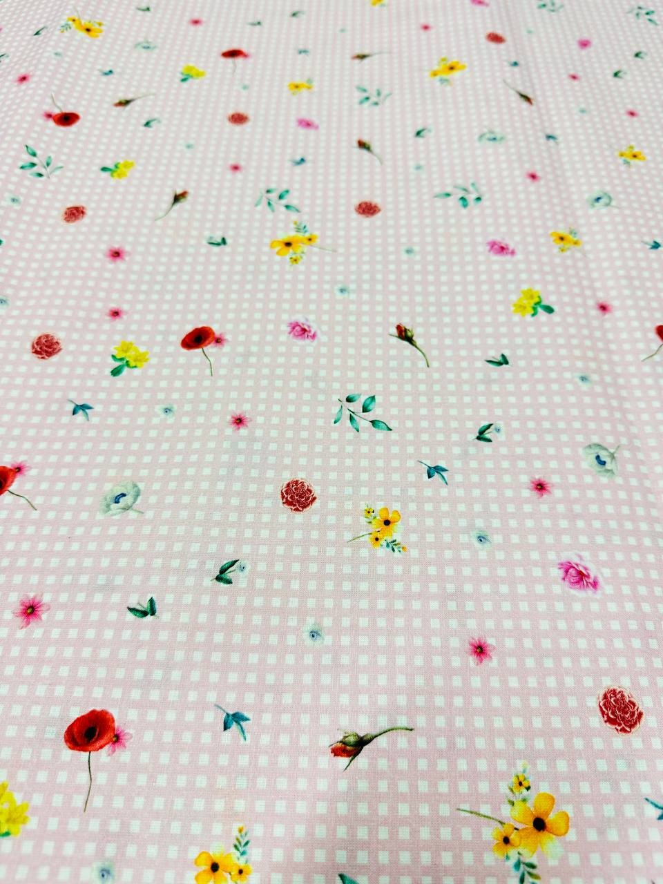 Cotone Fiorellino Quadrettato Rosa - WorldTessuti