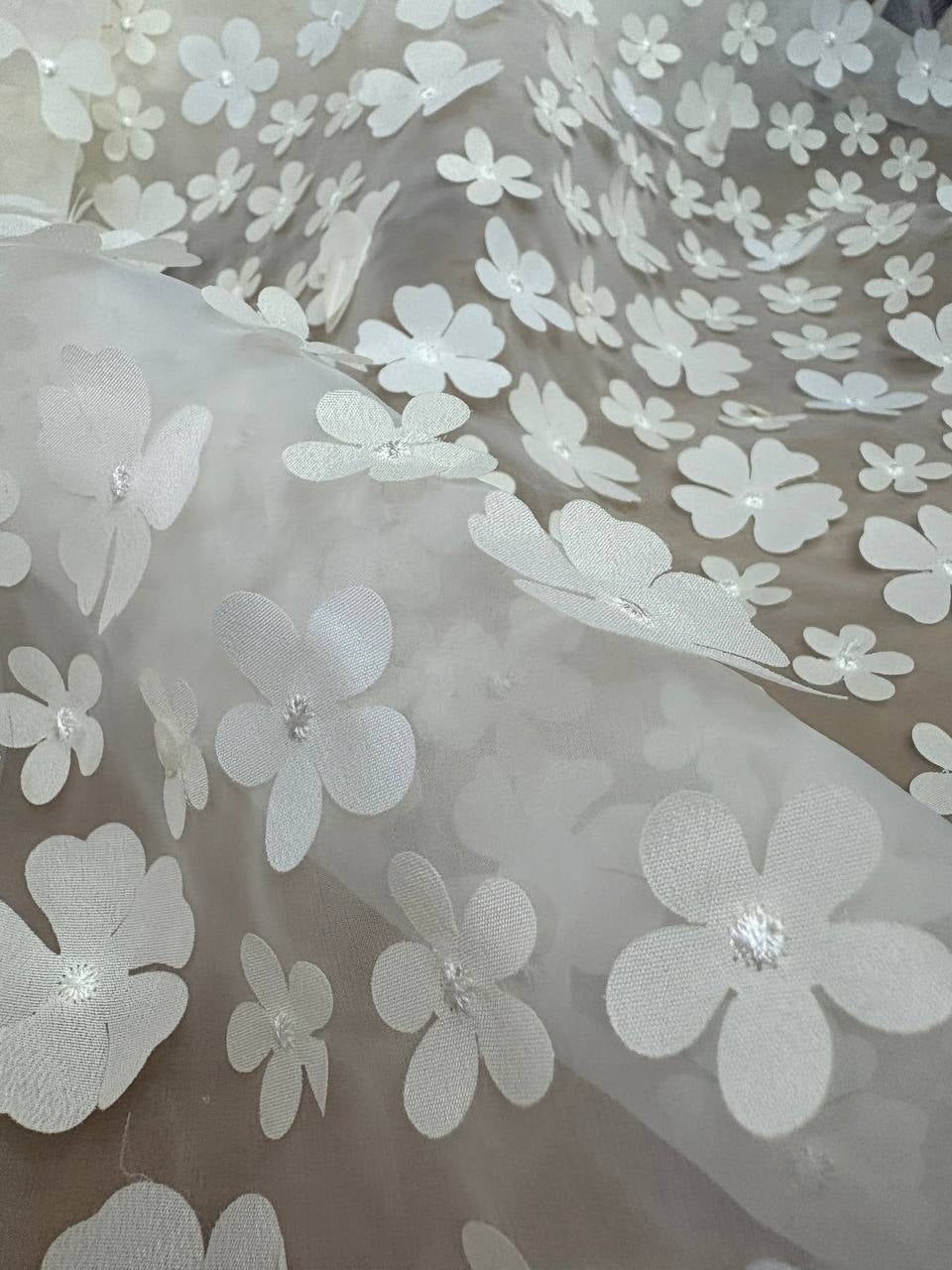 Organza Fiorellini 3D Rilievo Bianco Avorio - WorldTessuti