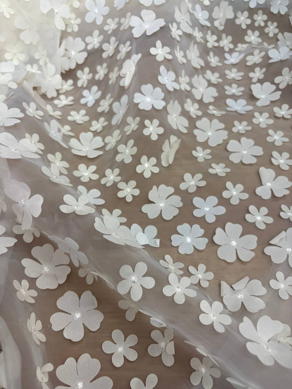 Organza Fiorellini 3D Rilievo Bianco Avorio - WorldTessuti