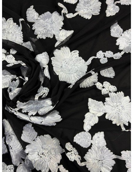 Tulle Elastico Nero Floreale 3D