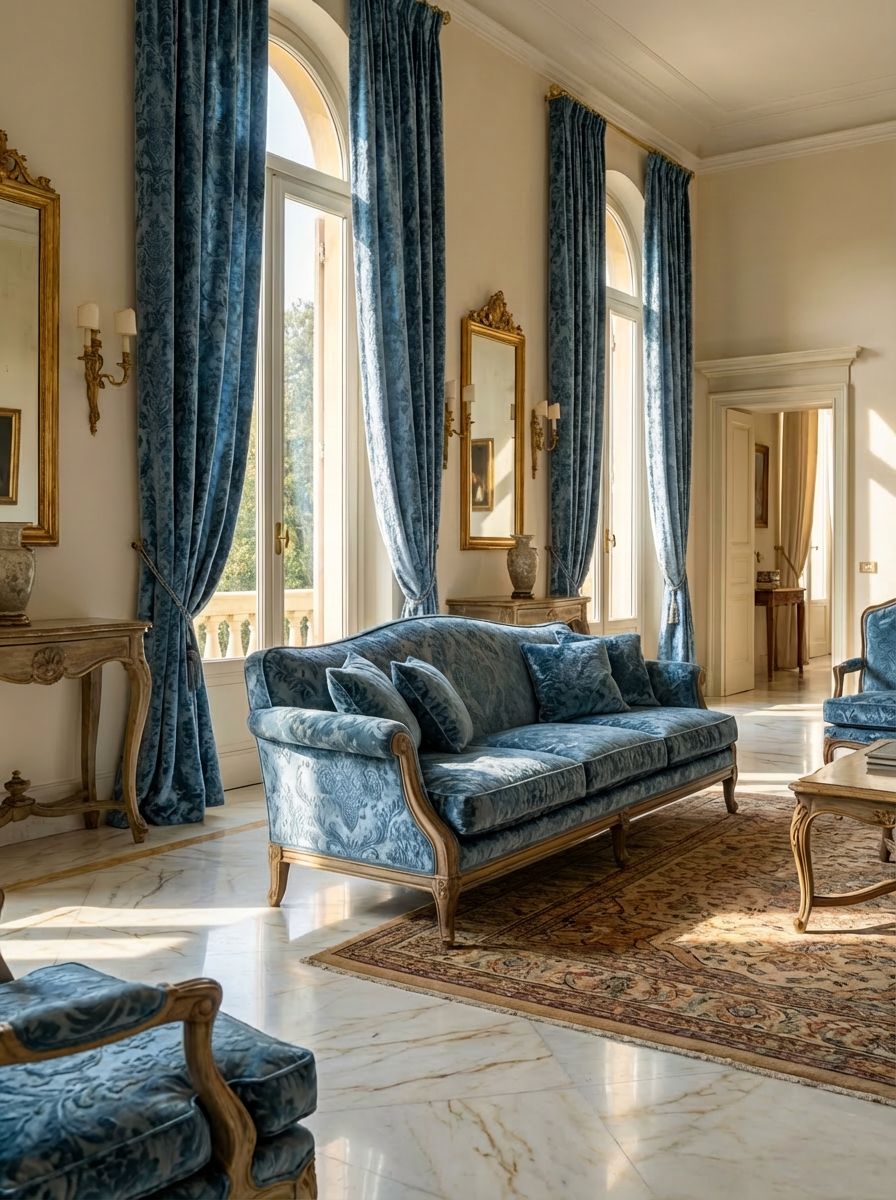 Damascato Jacquard Barocco Velluto Operato Celeste Polvere Doppia Altezza