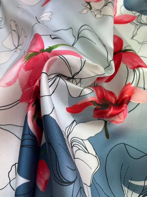 Broccato Floreale Celeste Rosso Santorini - WorldTessuti