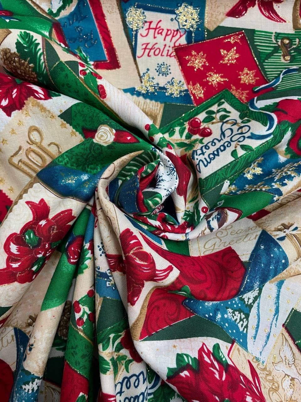 Tessuto Puro Cotone Natale Glitter Patchwork