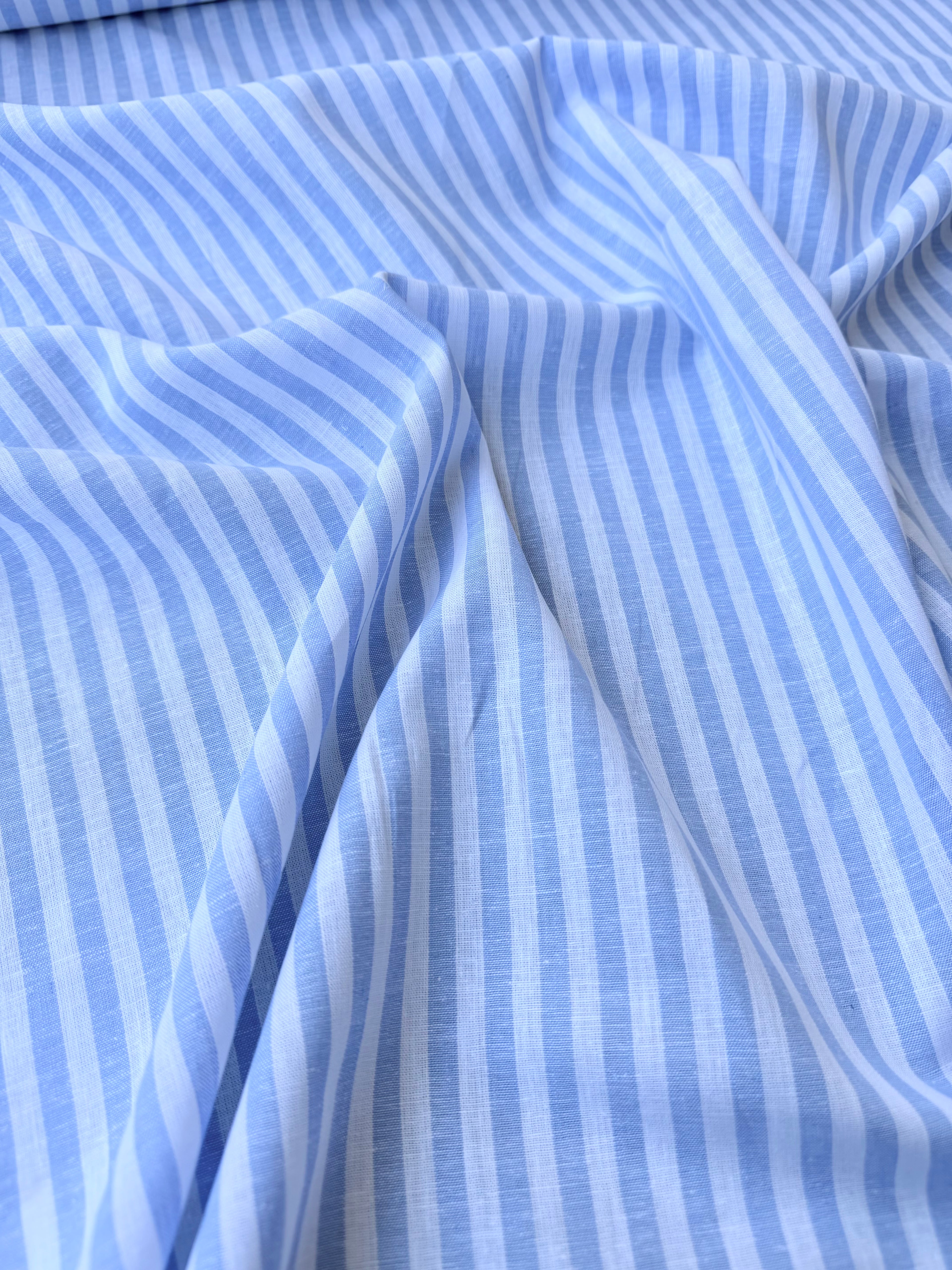 Tessuto Rigato Celeste Puro Lino