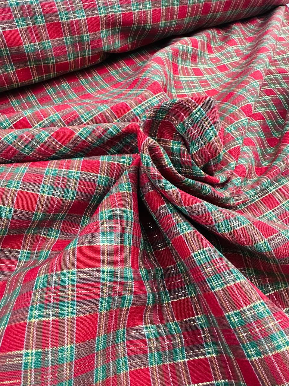 Tartan Cotone Tinto in Filo Quadro Rosso Filo dorato lurex 140
