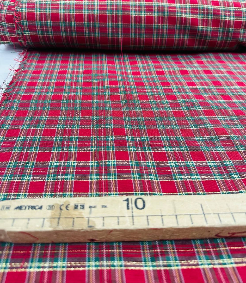 Tartan Cotone Tinto in Filo Quadro Rosso Filo dorato lurex 140