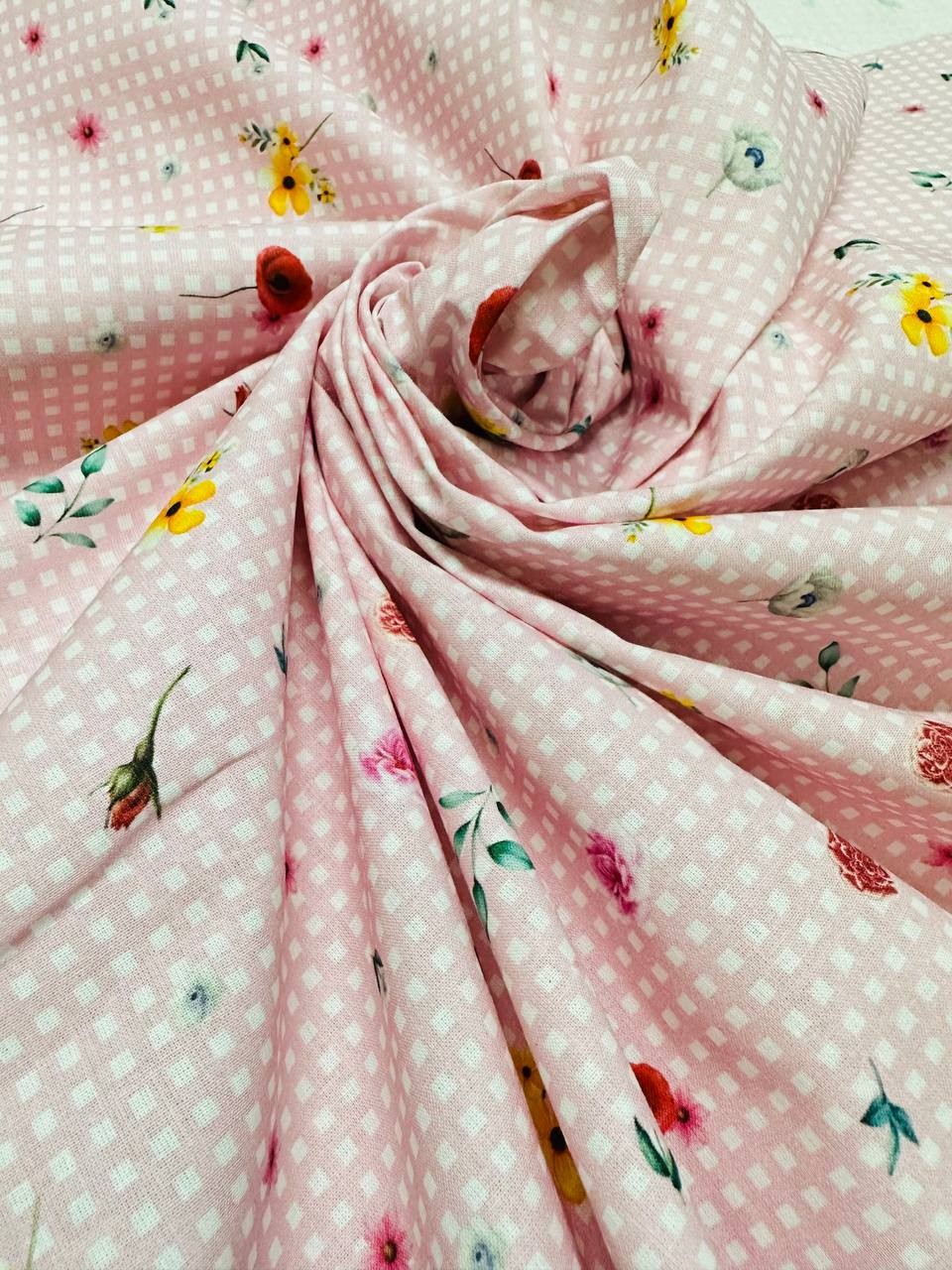Cotone Fiorellino Quadrettato Rosa