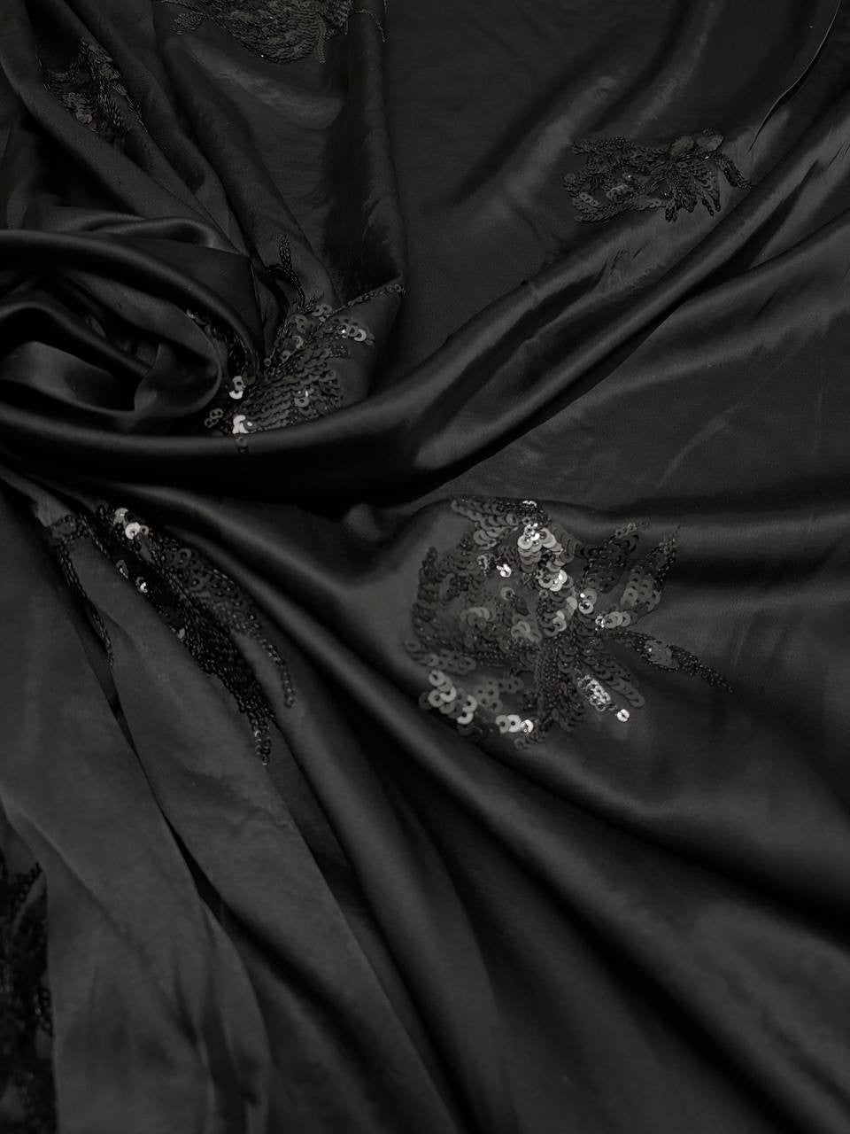Satin Manoseta Applicazioni Pailettes Ricamata Nero