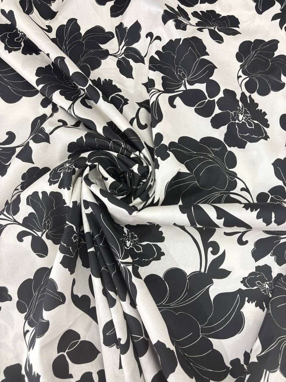 Popeline Cotone Floreale Bianco Nero