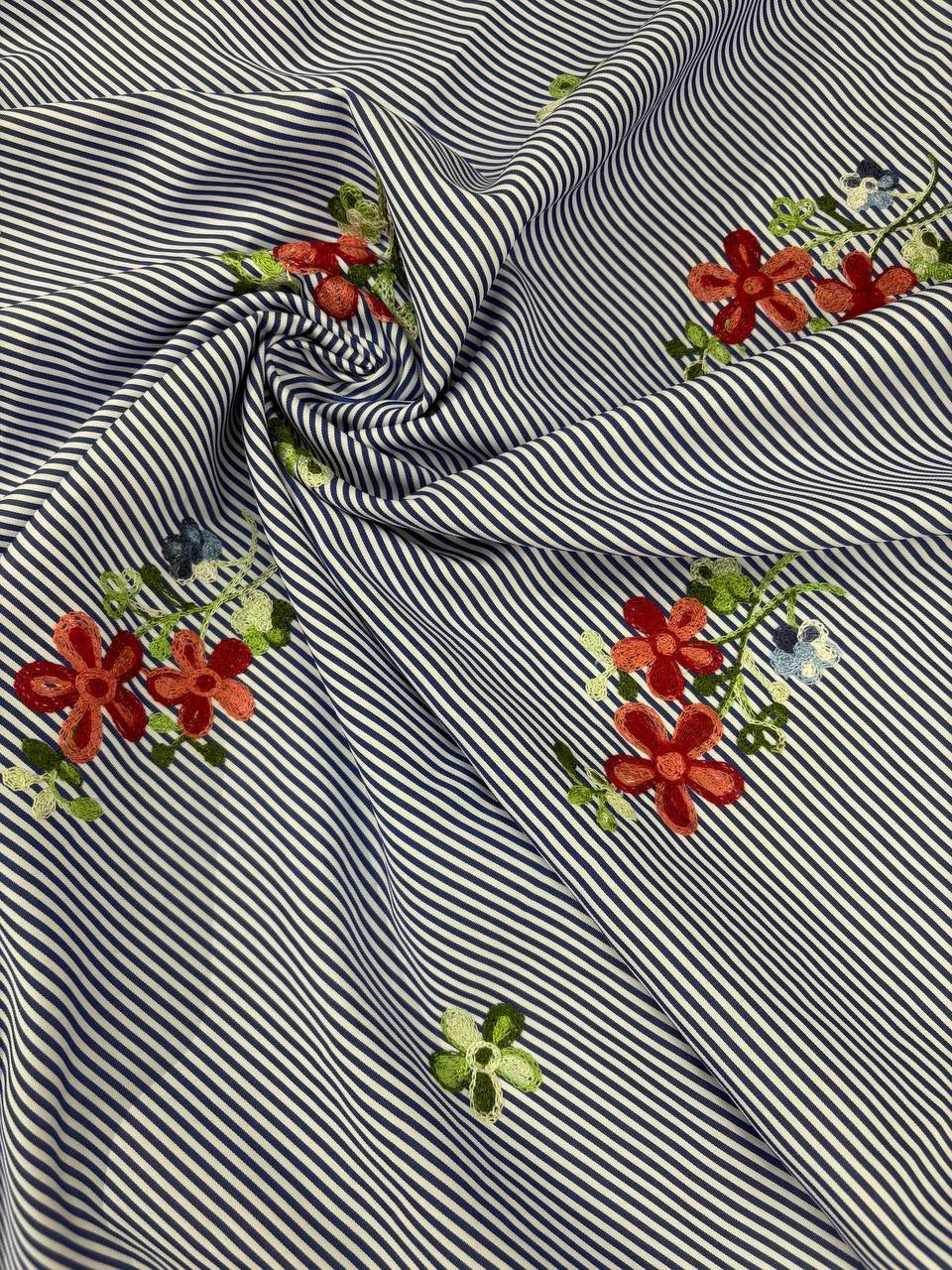 Scampolo COTONE Rigato Applicazioni Floreale 1,70x1,50