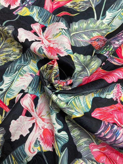 Broccato Floreale Nero Pappagallo Giungla