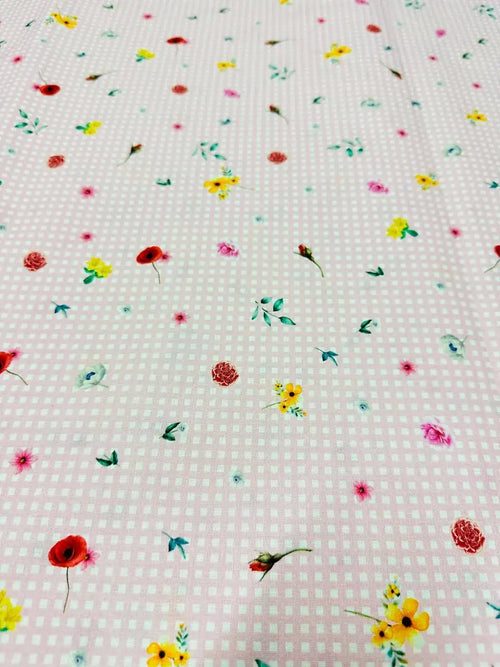 Cotone Fiorellino Quadrettato Rosa