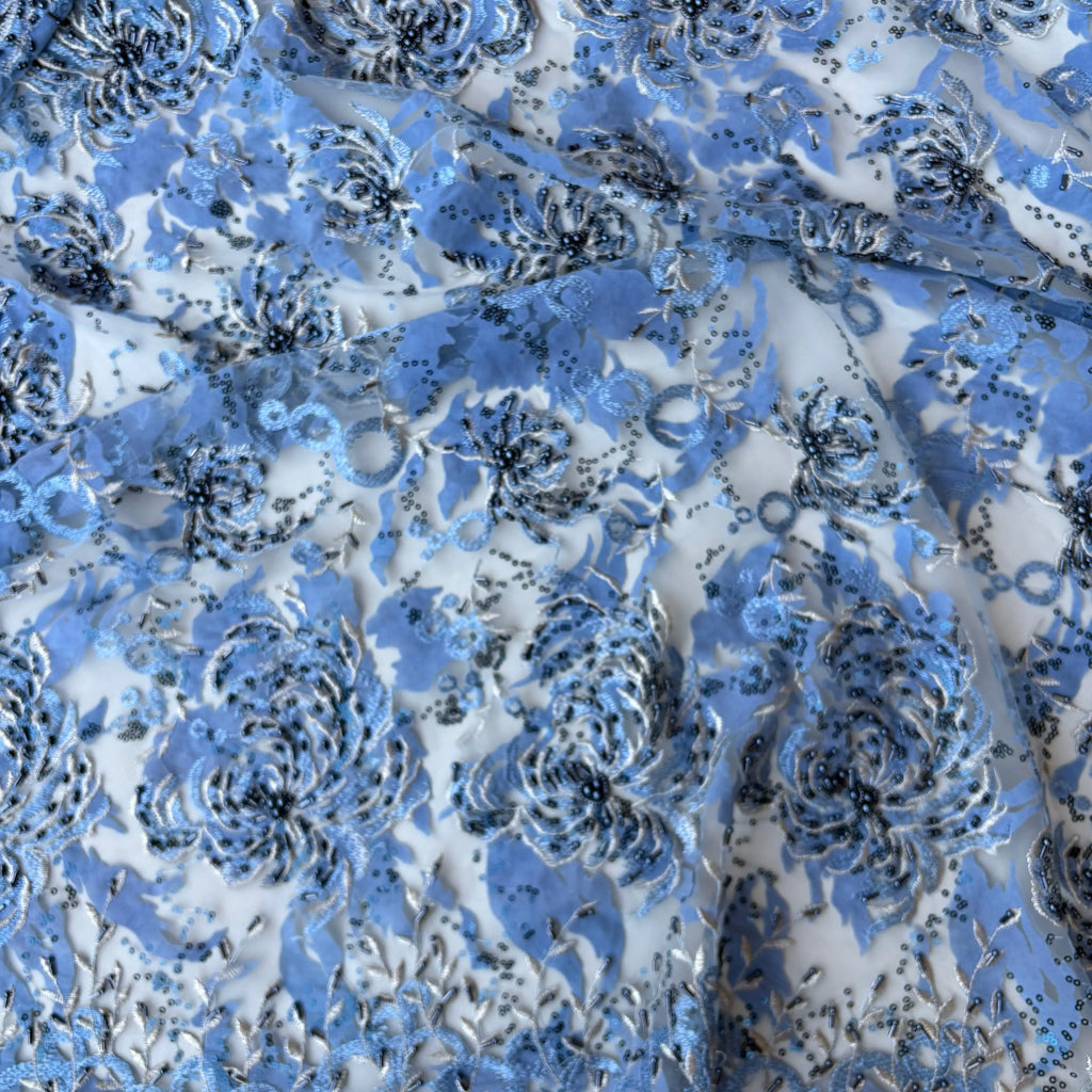 Trozo de encaje floral de ceremonia azul claro 1,40x1,30 azul polvoriento