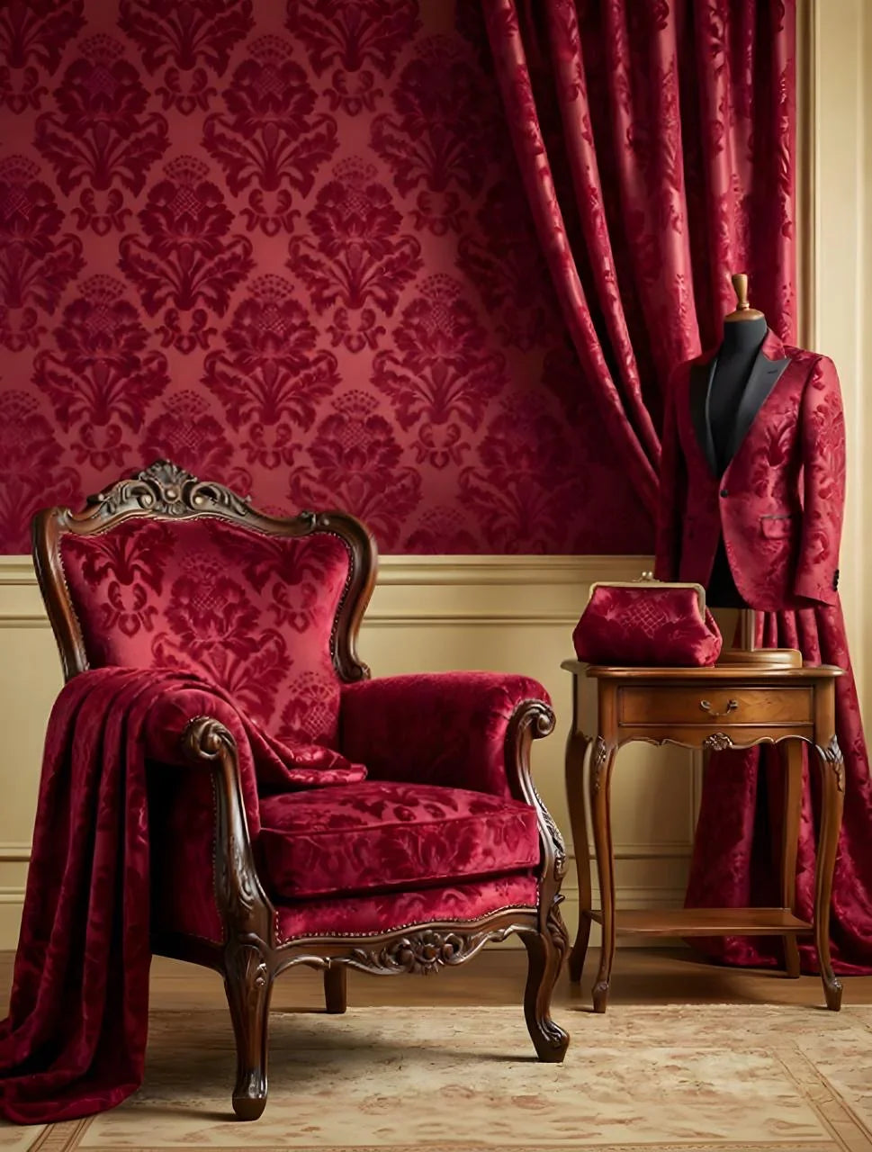 Damascato Jacquard Velluto Operato Bordeaux