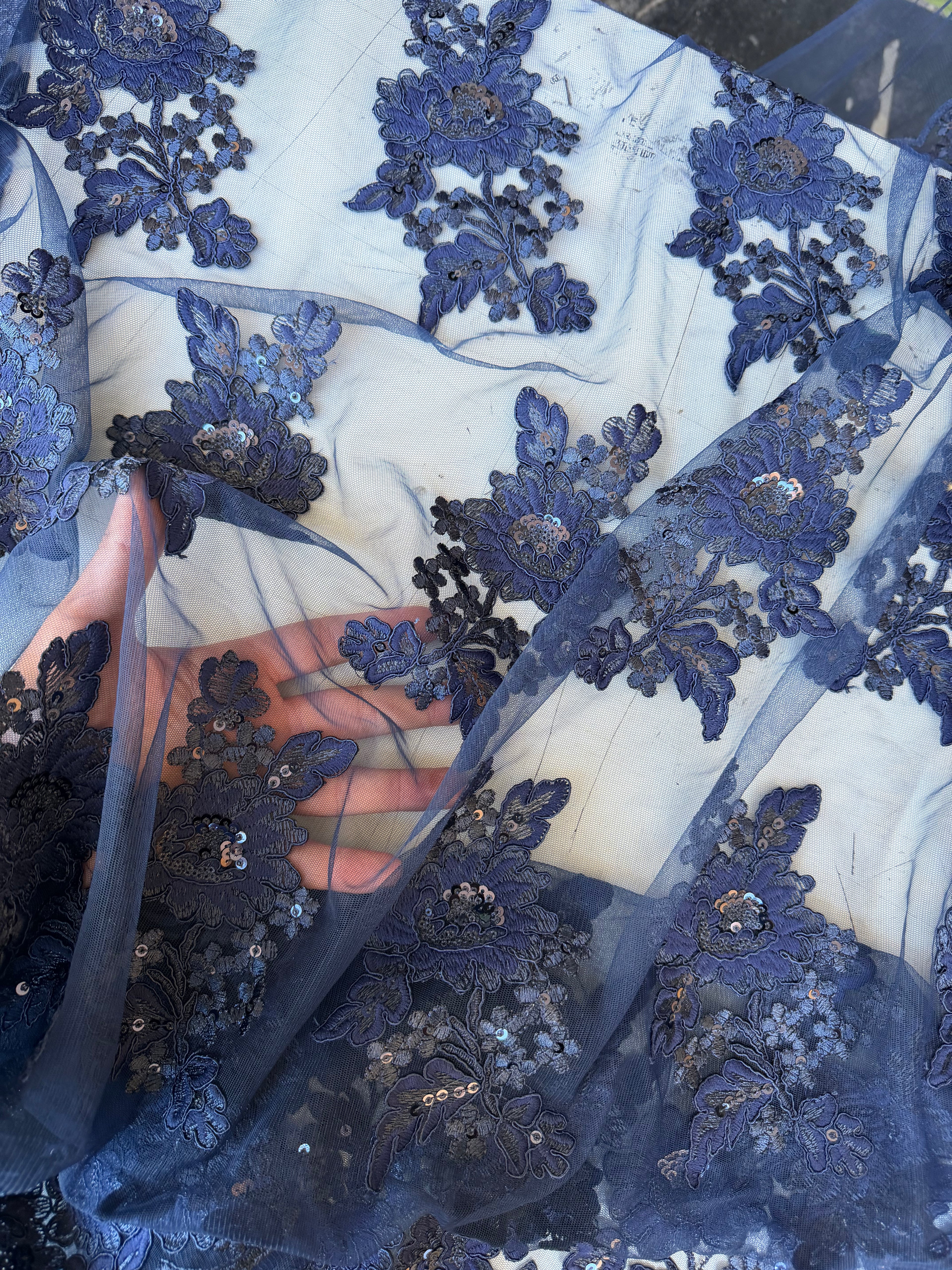 Tulle ricamato pizzo blu applicazioni