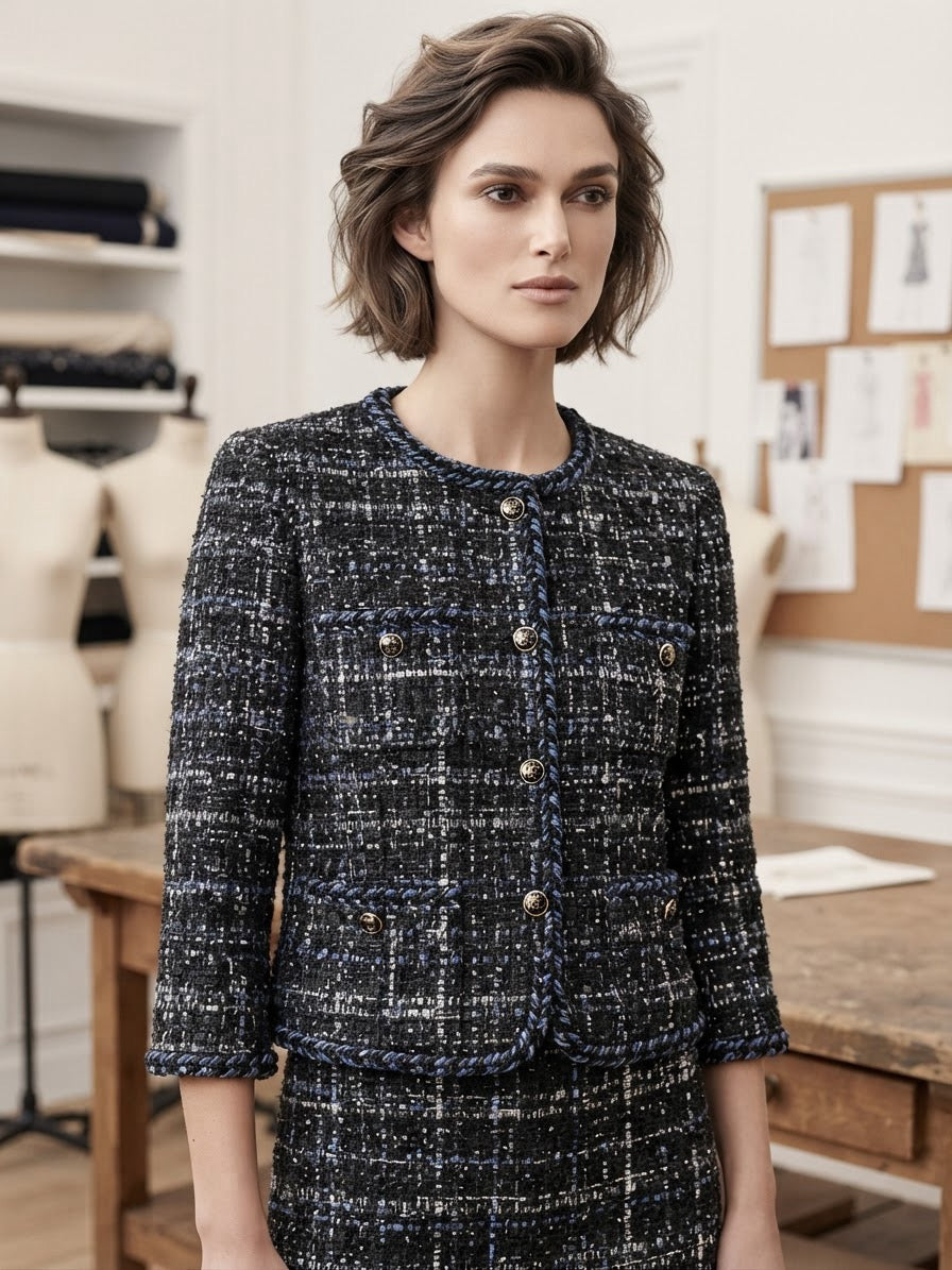 Tessuto Tweed Chanel Blu Scuro con Glitter