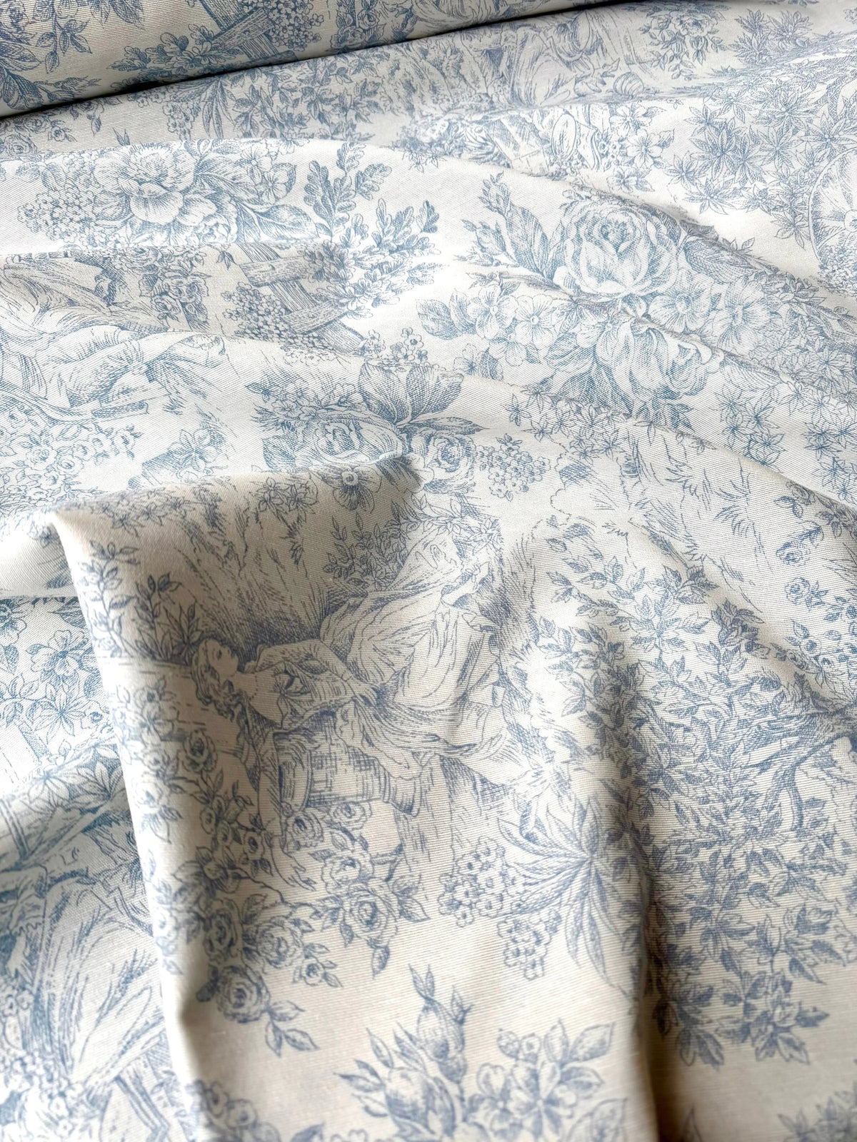 Scampolo Tessuto Cotone celeste Arredo Tela de Jouy 1,00x2,80