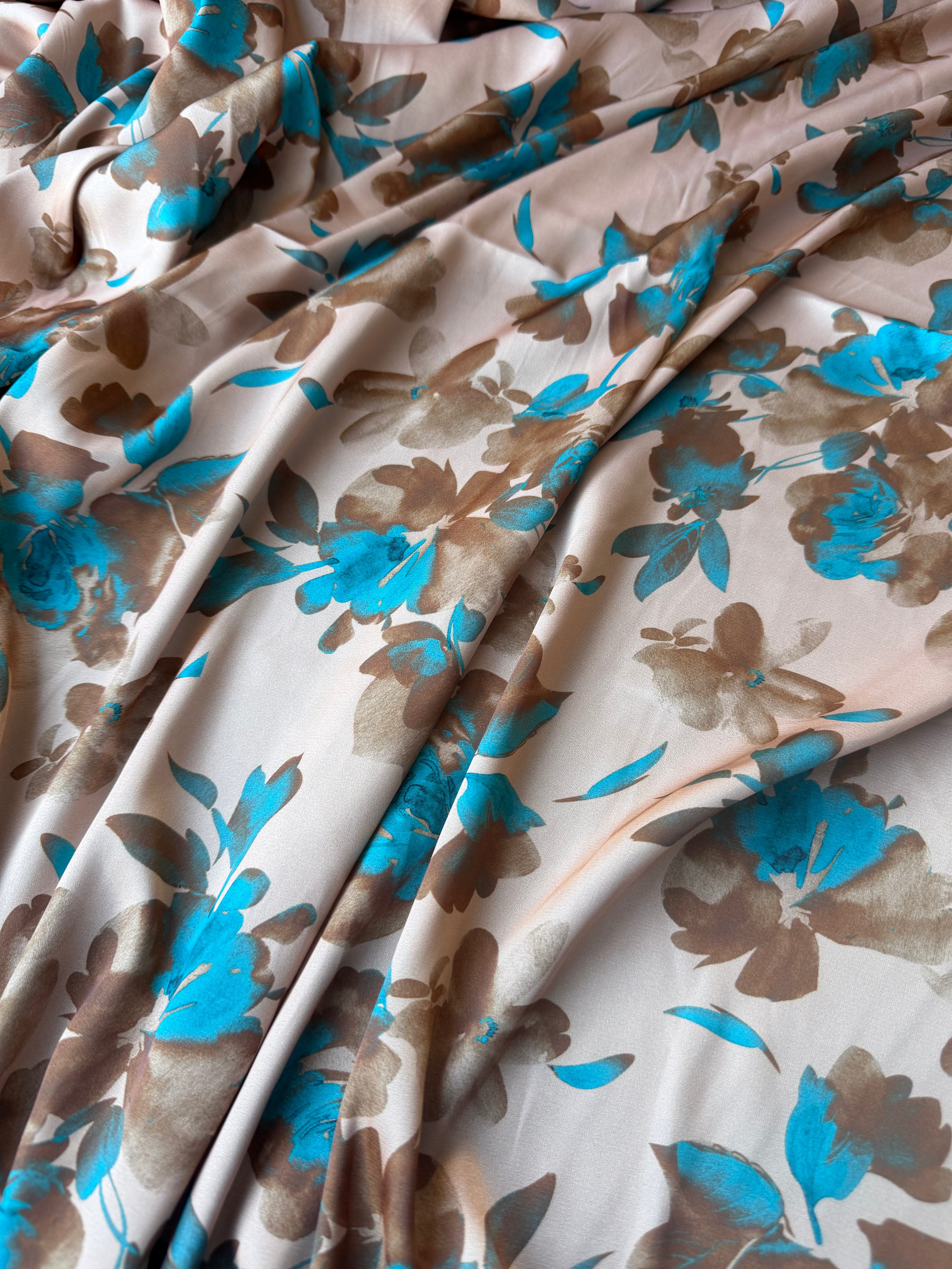 Tessuto Satin Floreale BLU MARIN