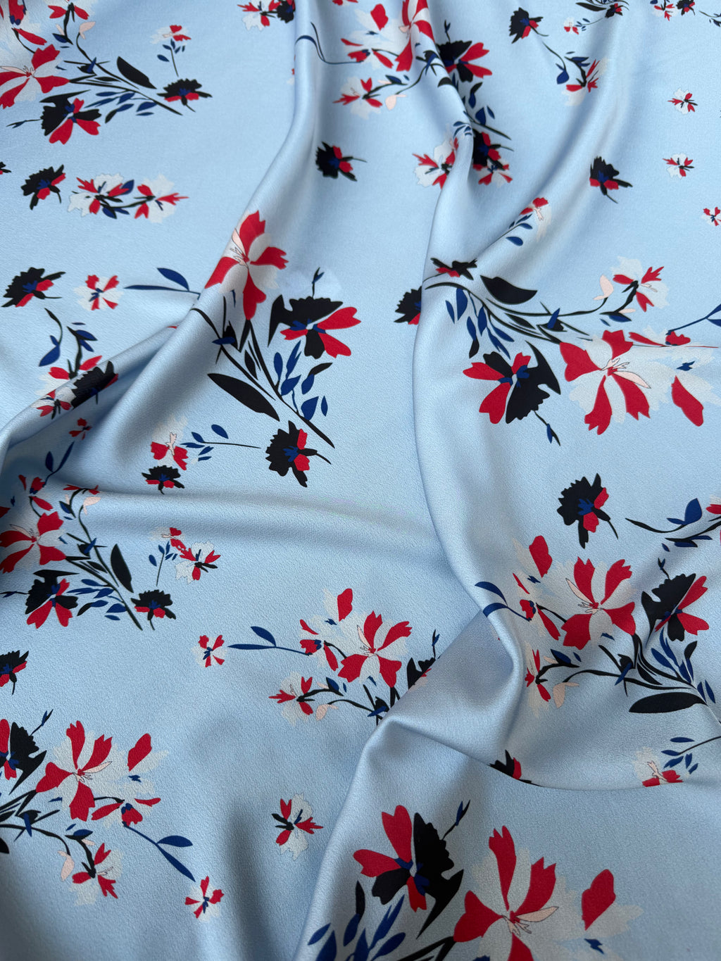 Tessuto Satin Floreale Fondo Celeste