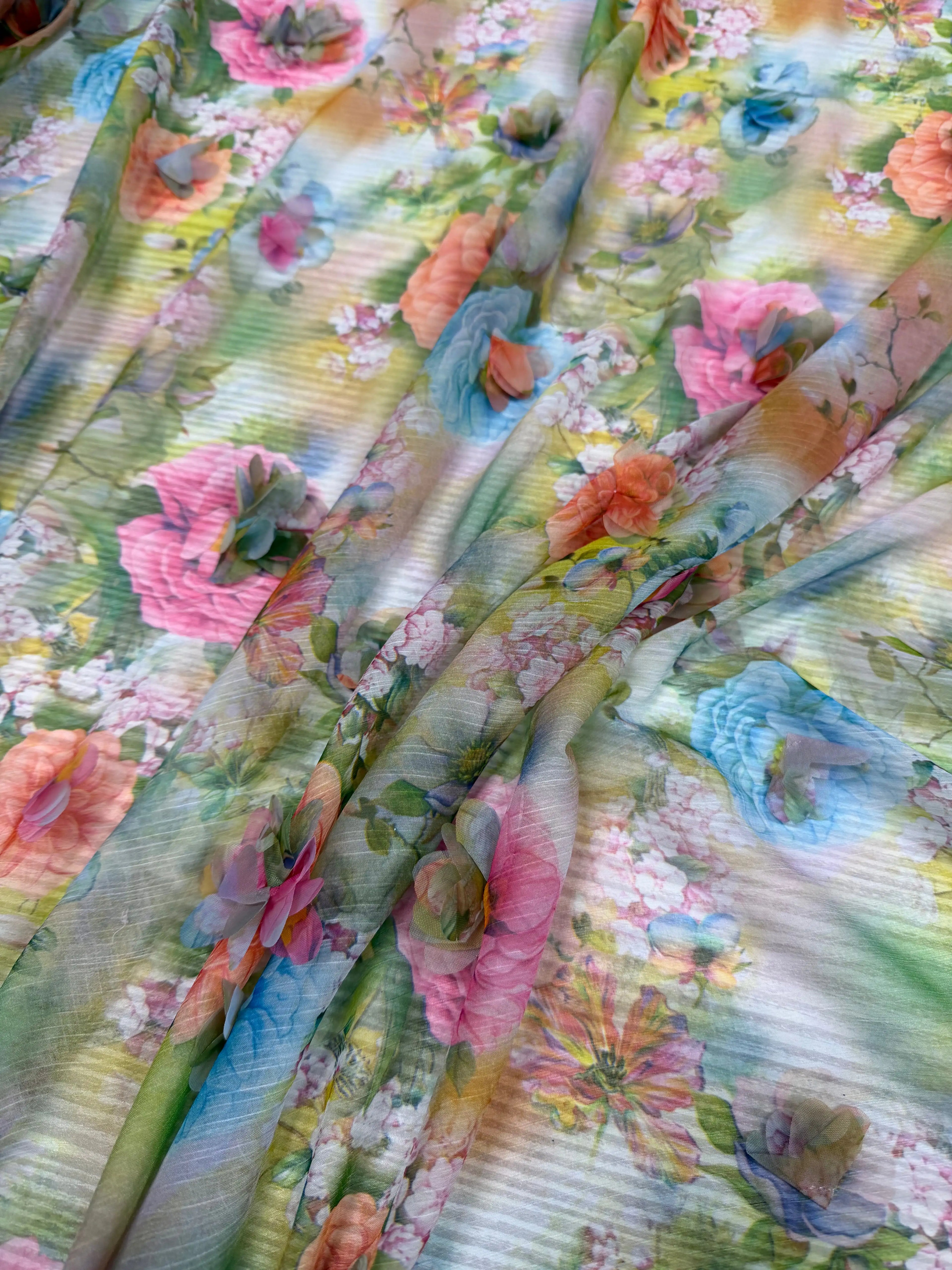 Tela georgette floral con relieve 3D