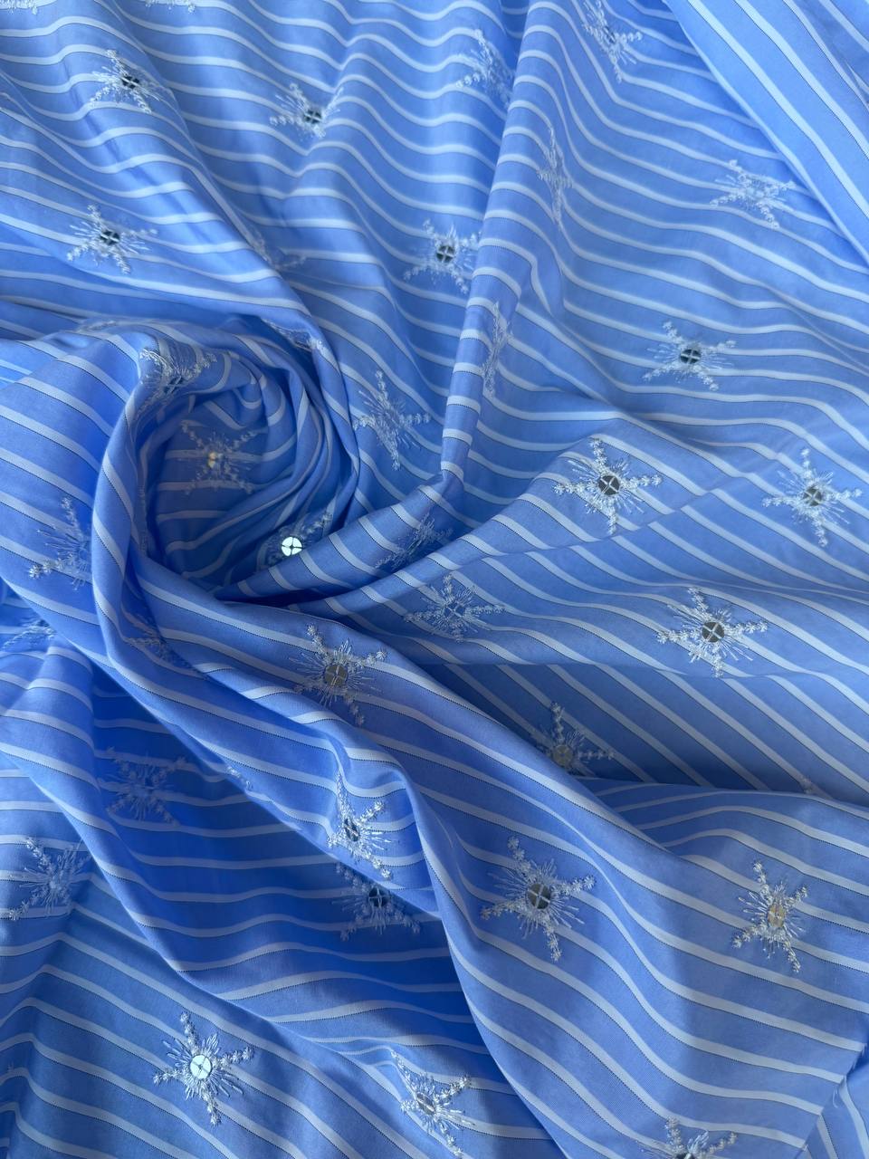 Scampolo Cotone Rigato Celeste Ricamato 1,90x1,50