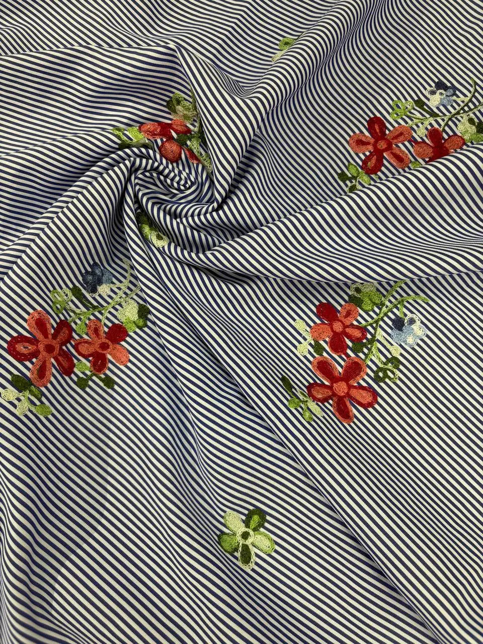 Scampolo COTONE Rigato Applicazioni Floreale 1,70x1,50