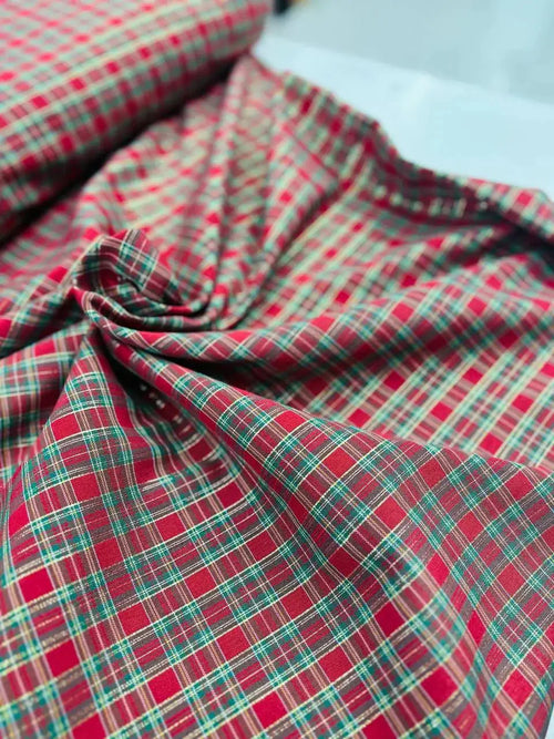 Tartan Cotone Tinto in Filo Quadro Rosso Filo dorato lurex 140