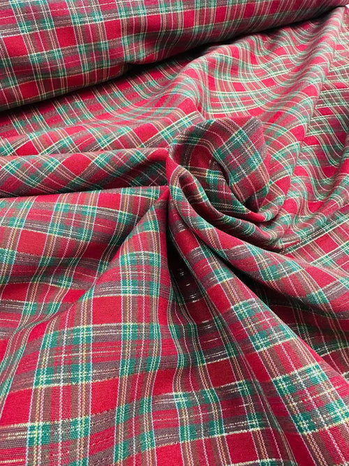 Tartan Cotone Tinto in Filo Quadro Rosso Filo dorato lurex 140