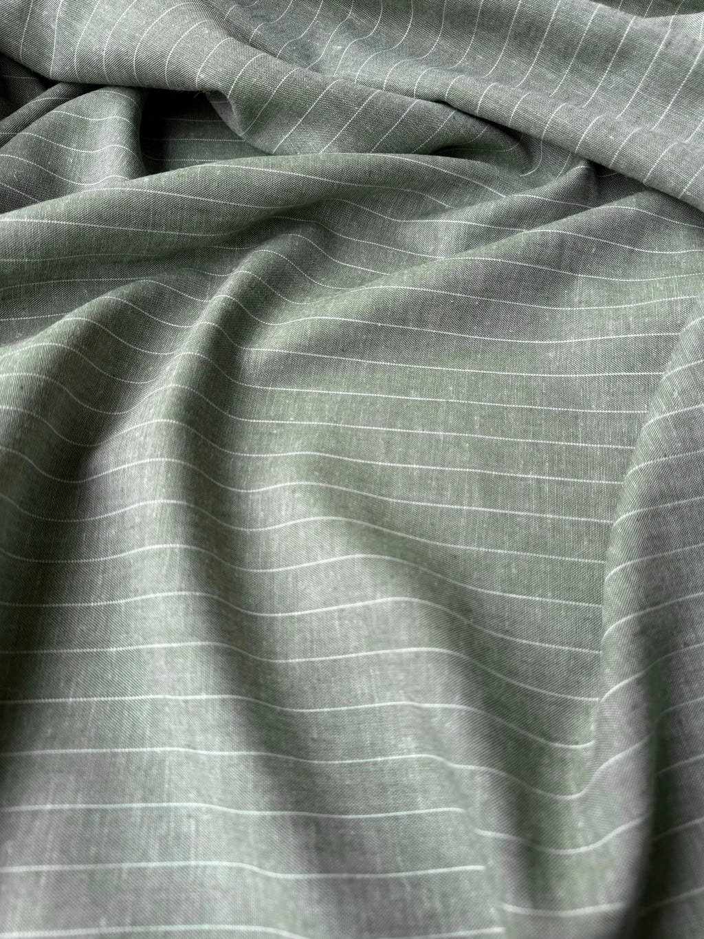 Tessuto Gessato Puro Lino Jeans Verde Salvia
