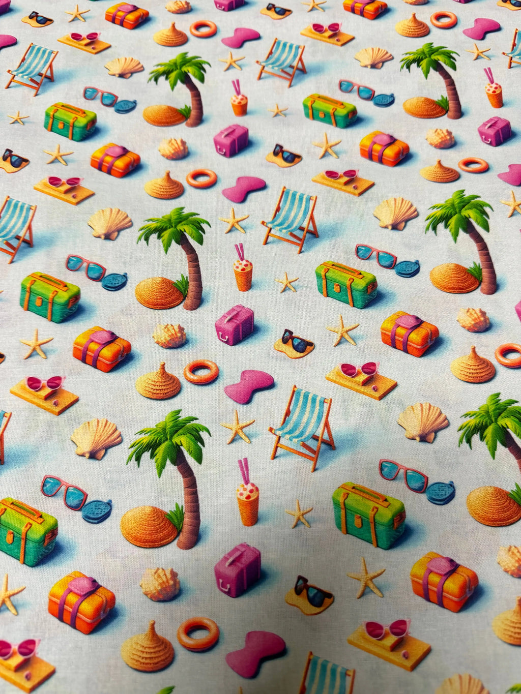 Tessuto Puro Cotone Stampa Digitale 3D Beach