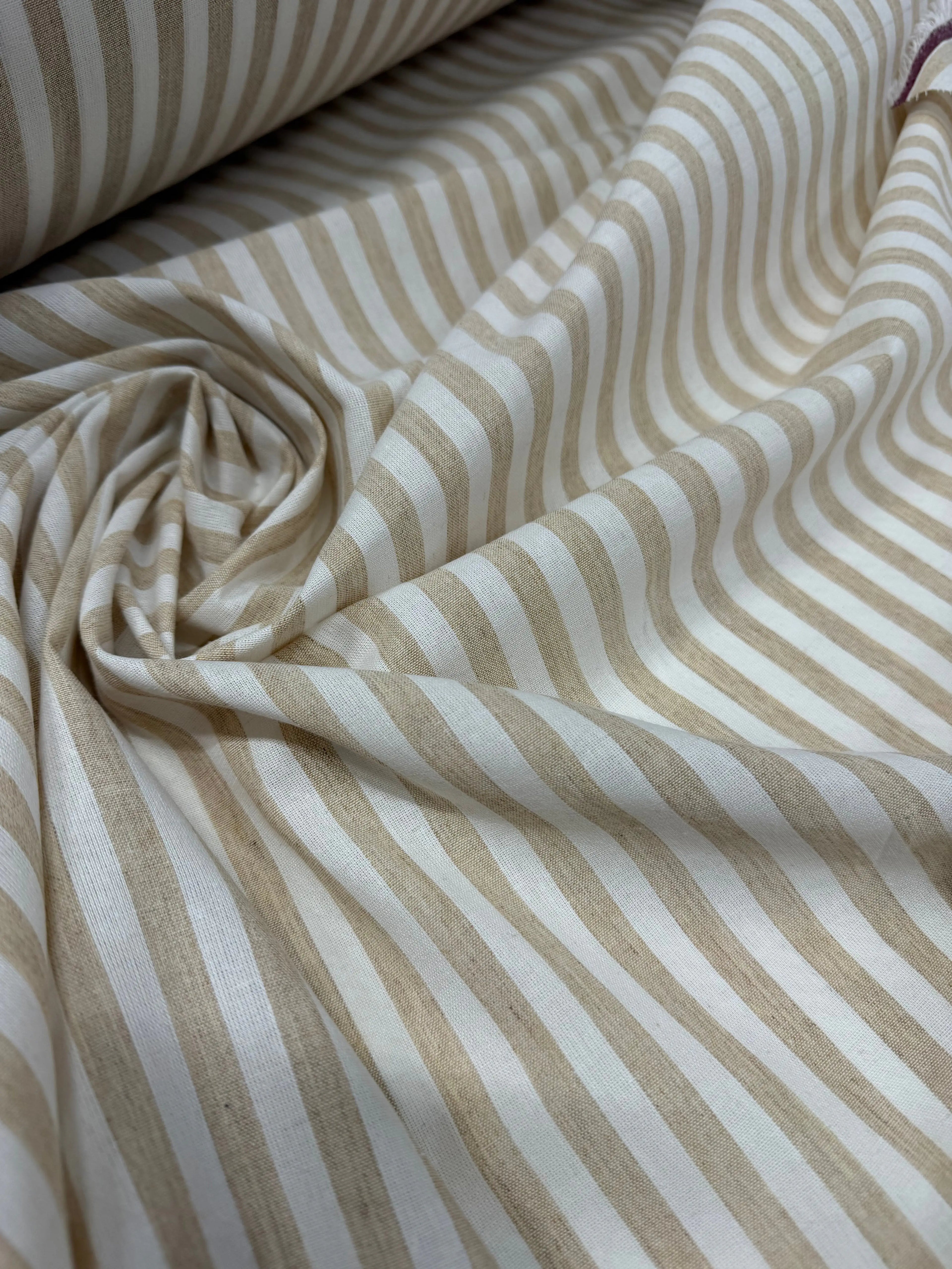 Tessuto Rigato Larga Beige Puro Lino