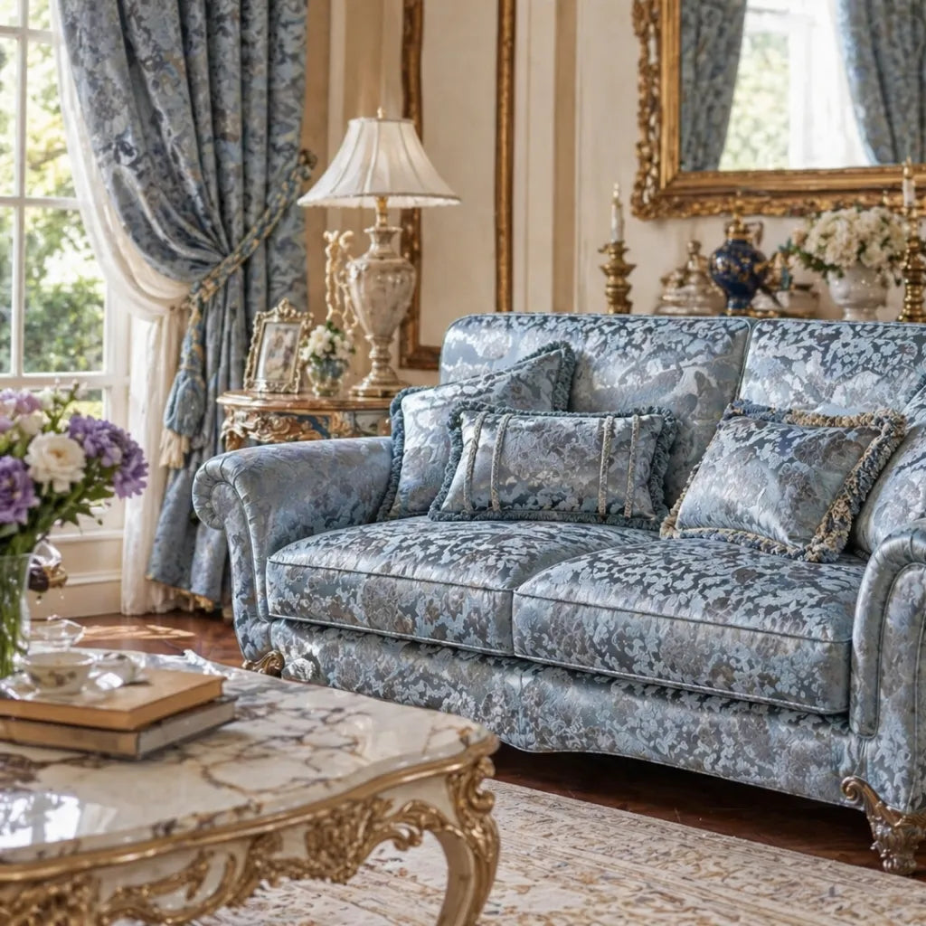 Damascato Jacquard Velluto Operato Celeste Polvere