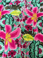 Tessuto jersey floreale esotico colore fondo tiffany, morbido ed elasticizzato, ideale per abiti e maglie leggere