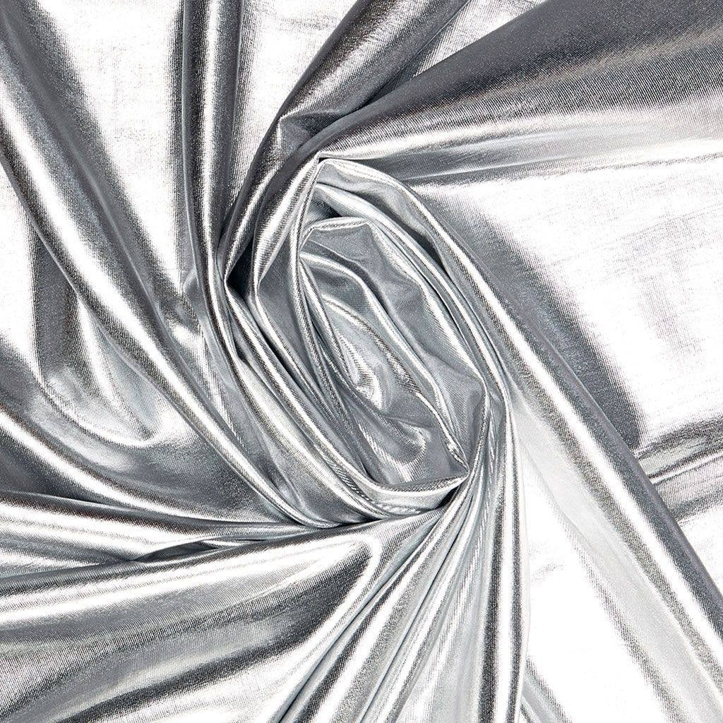 Tessuto lycra spalmata bielastica colore argento, lucida ed elastica, ideale per costumi danza e spettacolo