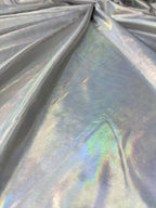 Dettaglio tessuto lycra spalmata bielastica color aurora boreale con finitura lucida effetto metallizzato