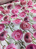 Tessuto misto lino floreale Novello Fiore, variante floreale rose, leggero e naturale, ideale per abiti estivi e camicie