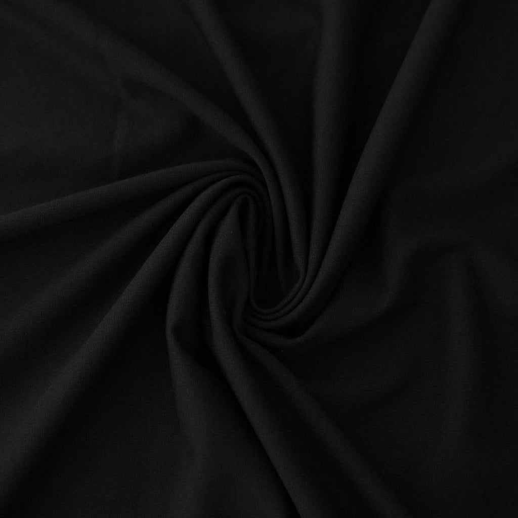 Tessuto Punto Milano nero, maglia elasticizzata 300 g/m² in viscosa, nylon ed elastan, ideale per gonne, giacche e pantaloni eleganti