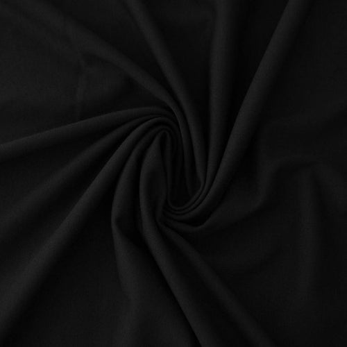 Tessuto Punto Milano nero, maglia elasticizzata 300 g/m² in viscosa, nylon ed elastan, ideale per gonne, giacche e pantaloni eleganti
